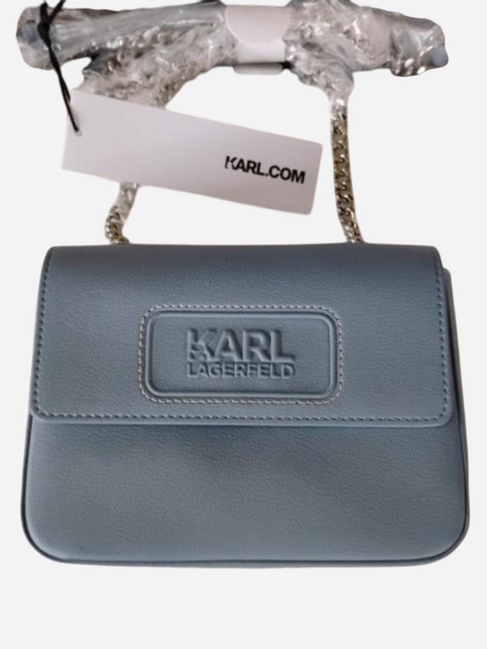 Karl Lagerfeld Leather Crossbody Bag with Chain Strap Light Blue